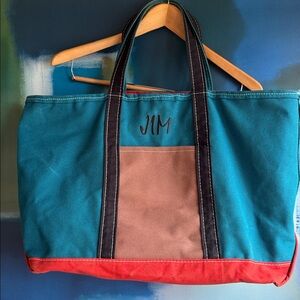 Vintage L.L. Bean Colorblock Boat and Tote Bag Large Canvas Teal Red Brown USA